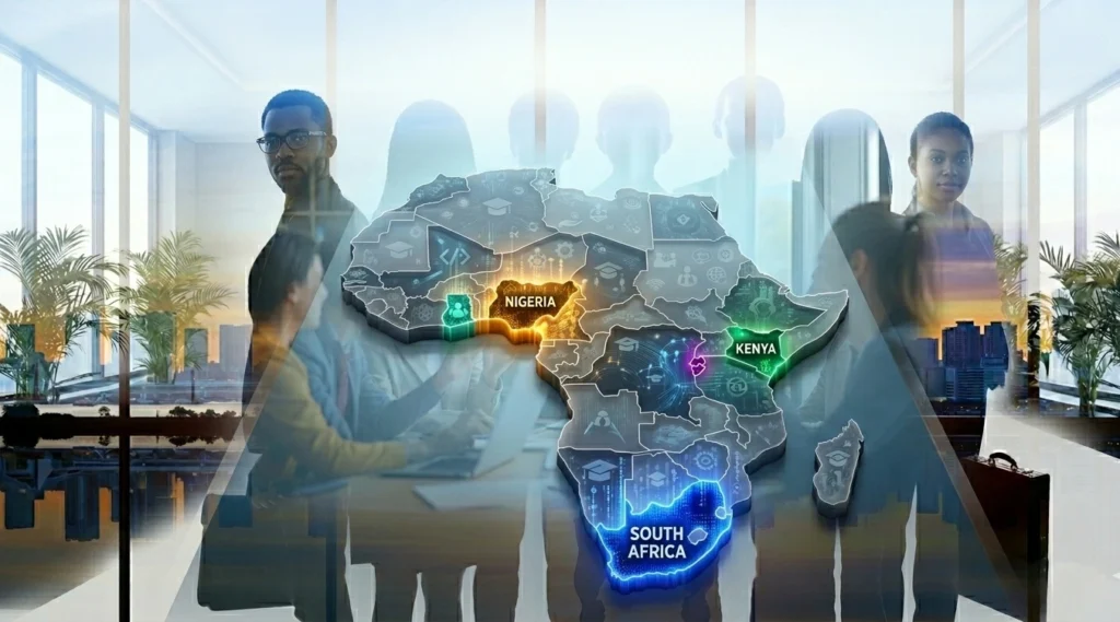 Map of Africa with highlighted countries (Nigeria, Kenya, Ghana, South Africa, Rwanda) showing talent density. Alt: "Top African countries for remote job & talent, Alltalentz."