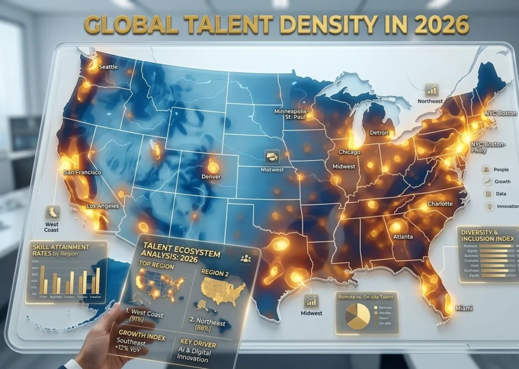 US map with talent density heat zones by region,  interactive-style illustration
