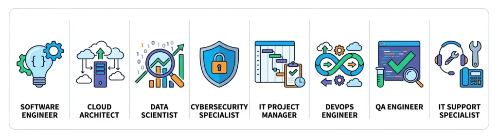 icon grid 8 tech role icons with labels — Software Engineer, Cloud Architect, Data Scientist, Cybersecurity Specialist, IT Project Manager, DevOps Engineer, QA Engineer, IT Support Specialist. Alltalentz