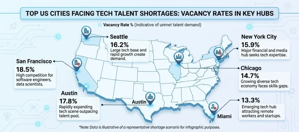 nfographic Map of the US showing top cities facing tech talent shortages — San Francisco, Austin, New York, Chicago, Miami, Seattle. 