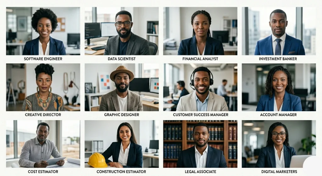 Grid of professional headshots across job categories — tech, finance, creative, customer success. Alt: "Diverse job & talent categories available through Alltalentz from Africa."