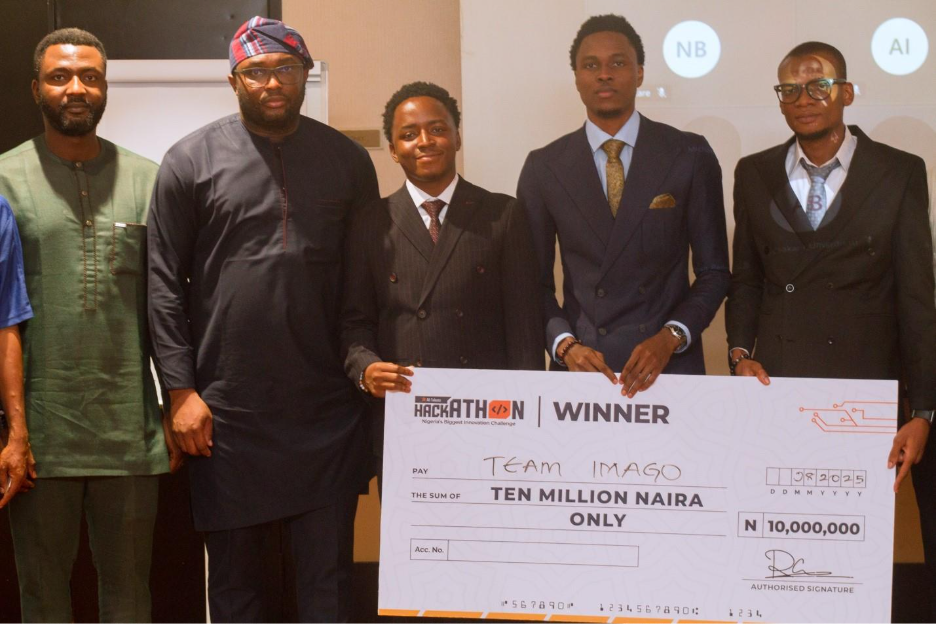 Team Imago during the prize presentation with the judges at the All Talentz Hackathon 