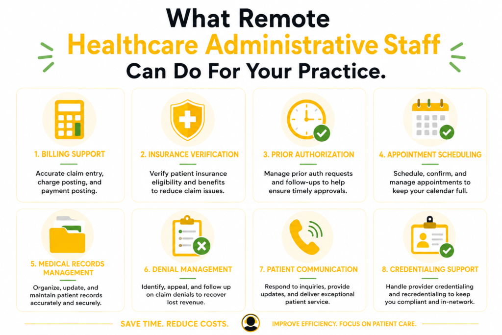 infographic showing 8 tasks that remote healthcare administrative staff handle including medical billing and prior authorization