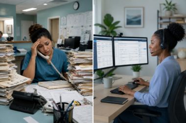 remote healthcare administrative staff managing medical billing and patient records from a home office