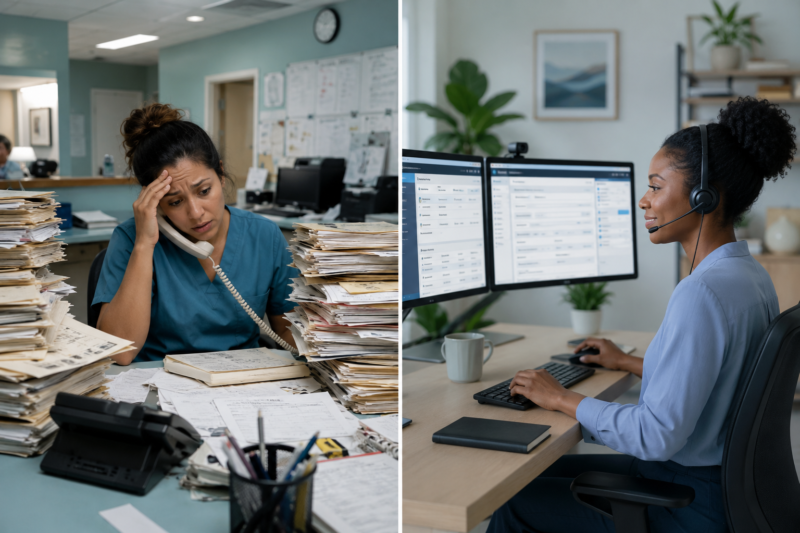remote healthcare administrative staff managing medical billing and patient records from a home office